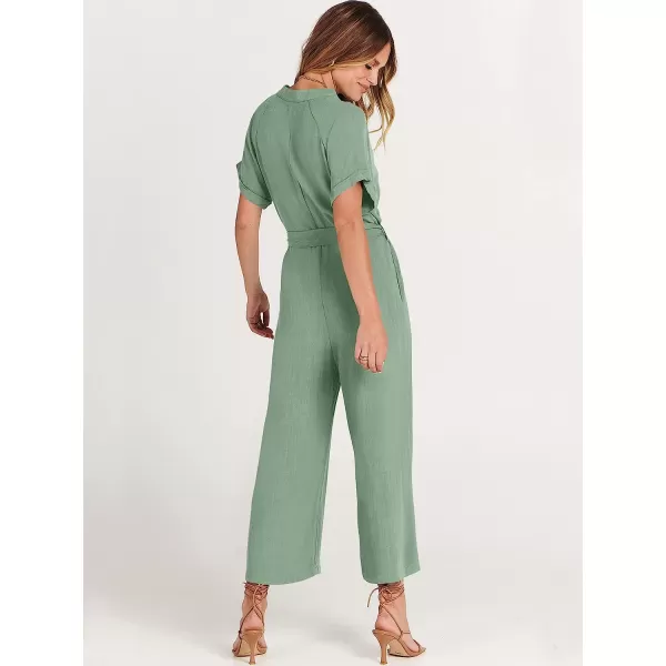 imageANRABESS Womens Short Sleeve V Neck Buttons Waist Belt Straight Wide Leg Cropped Jumpsuits Rompers with PocketsPea Green