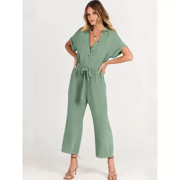 imageANRABESS Womens Short Sleeve V Neck Buttons Waist Belt Straight Wide Leg Cropped Jumpsuits Rompers with PocketsPea Green