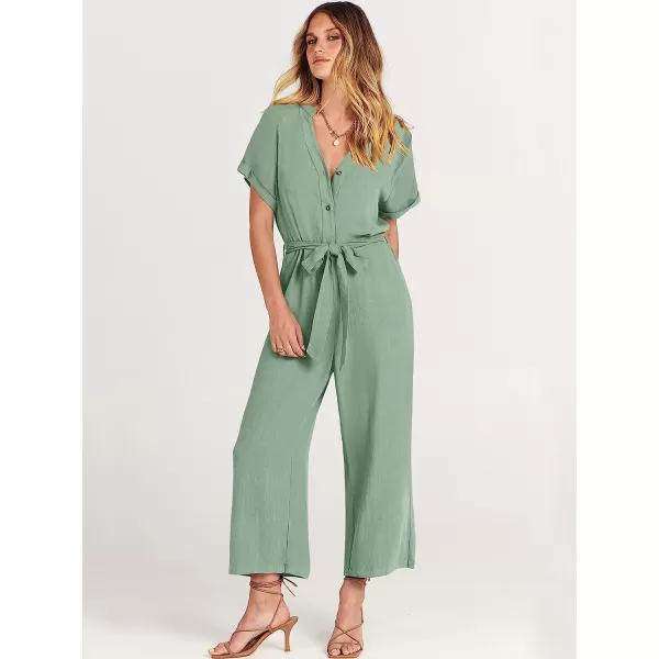 imageANRABESS Womens Short Sleeve V Neck Buttons Waist Belt Straight Wide Leg Cropped Jumpsuits Rompers with PocketsPea Green