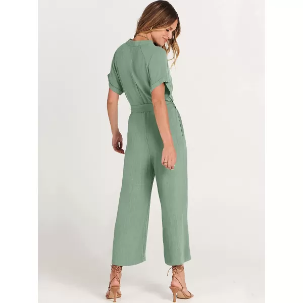 imageANRABESS Womens Short Sleeve V Neck Buttons Waist Belt Straight Wide Leg Cropped Jumpsuits Rompers with PocketsPea Green