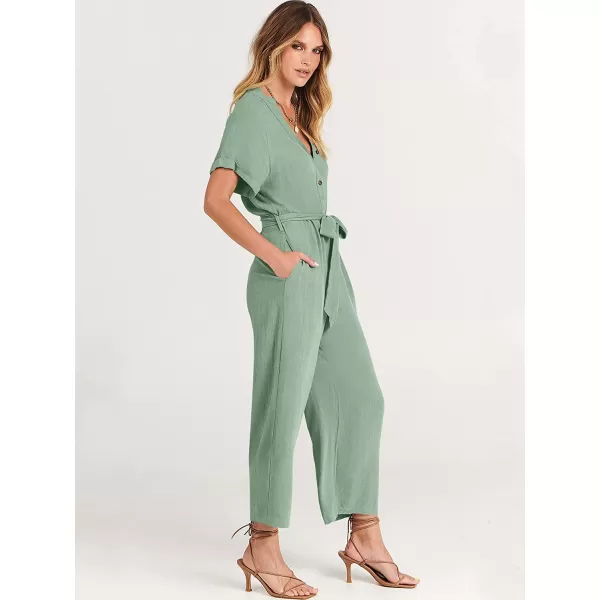imageANRABESS Womens Short Sleeve V Neck Buttons Waist Belt Straight Wide Leg Cropped Jumpsuits Rompers with PocketsPea Green