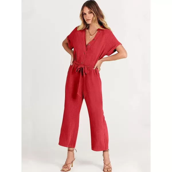 imageANRABESS Womens Short Sleeve V Neck Buttons Waist Belt Straight Wide Leg Cropped Jumpsuits Rompers with PocketsRed