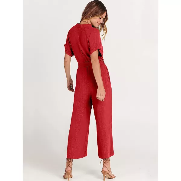 imageANRABESS Womens Short Sleeve V Neck Buttons Waist Belt Straight Wide Leg Cropped Jumpsuits Rompers with PocketsRed