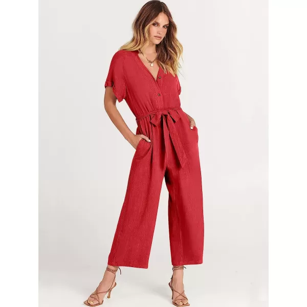 imageANRABESS Womens Short Sleeve V Neck Buttons Waist Belt Straight Wide Leg Cropped Jumpsuits Rompers with PocketsRed