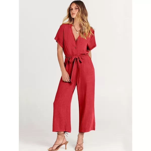 imageANRABESS Womens Short Sleeve V Neck Buttons Waist Belt Straight Wide Leg Cropped Jumpsuits Rompers with PocketsRed