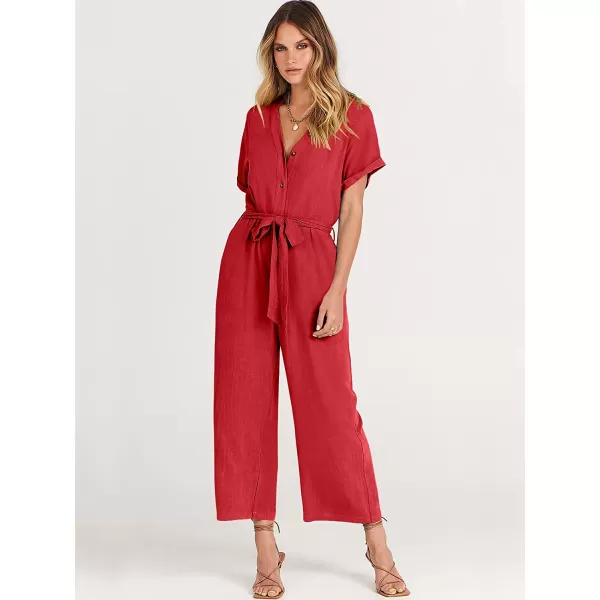 imageANRABESS Womens Short Sleeve V Neck Buttons Waist Belt Straight Wide Leg Cropped Jumpsuits Rompers with PocketsRed