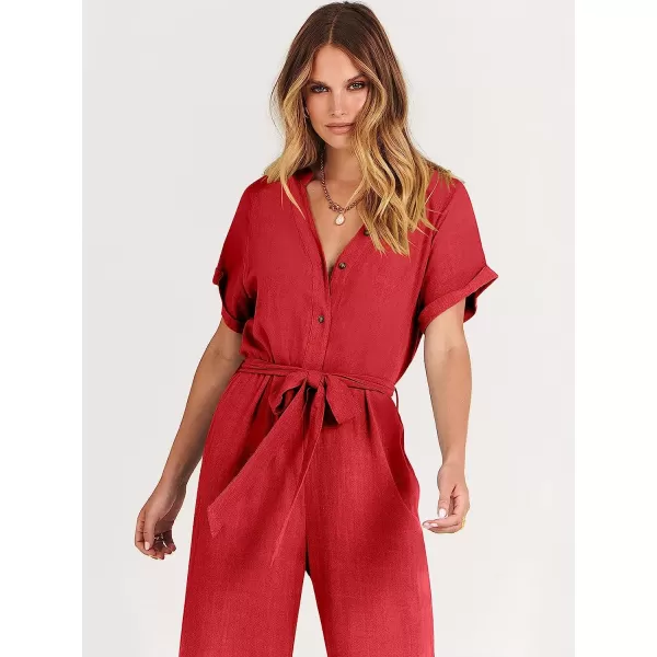 imageANRABESS Womens Short Sleeve V Neck Buttons Waist Belt Straight Wide Leg Cropped Jumpsuits Rompers with PocketsRed