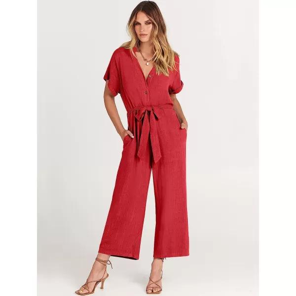 imageANRABESS Womens Short Sleeve V Neck Buttons Waist Belt Straight Wide Leg Cropped Jumpsuits Rompers with PocketsRed