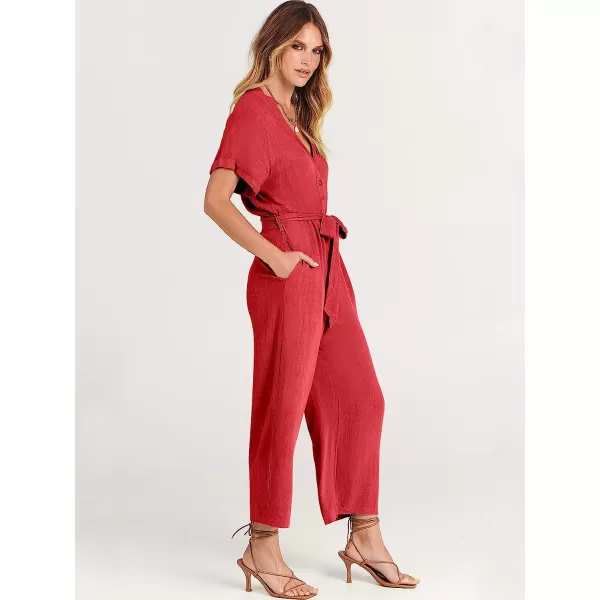 imageANRABESS Womens Short Sleeve V Neck Buttons Waist Belt Straight Wide Leg Cropped Jumpsuits Rompers with PocketsRed