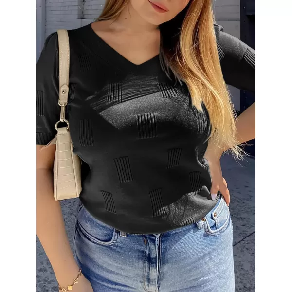 imageANRABESS Womens Short Sleeve V Neck Summer Tops Lightweight Knit Thin Sweaters 2024 Fashion Casual Blouse ShirtsBlack