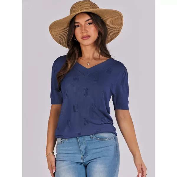 imageANRABESS Womens Short Sleeve V Neck Summer Tops Lightweight Knit Thin Sweaters 2024 Fashion Casual Blouse ShirtsDark Blue
