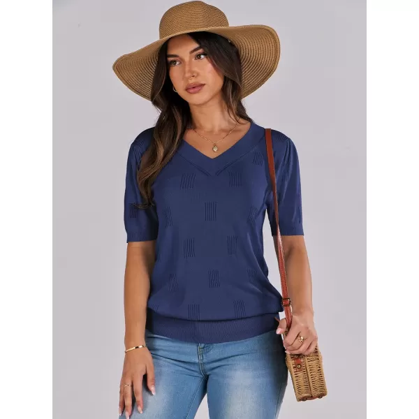 imageANRABESS Womens Short Sleeve V Neck Summer Tops Lightweight Knit Thin Sweaters 2024 Fashion Casual Blouse ShirtsDark Blue