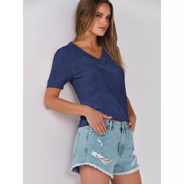 imageANRABESS Womens Short Sleeve V Neck Summer Tops Lightweight Knit Thin Sweaters 2024 Fashion Casual Blouse ShirtsDark Blue