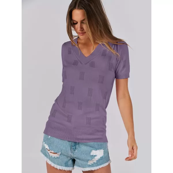 imageANRABESS Womens Short Sleeve V Neck Summer Tops Lightweight Knit Thin Sweaters 2024 Fashion Casual Blouse ShirtsGrey Purple