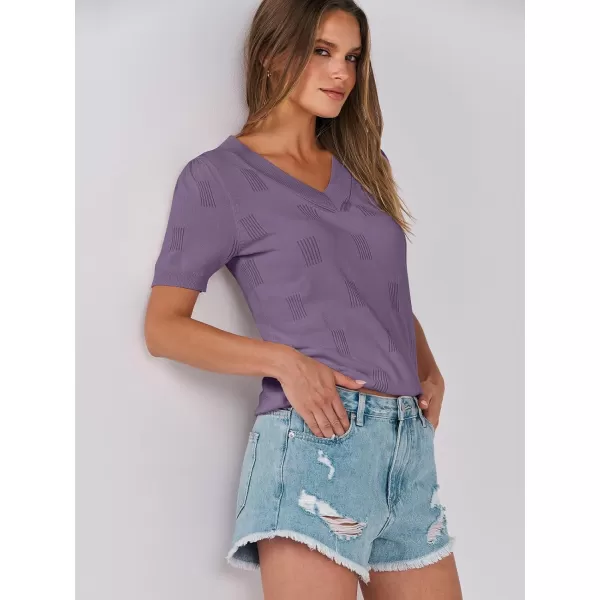 imageANRABESS Womens Short Sleeve V Neck Summer Tops Lightweight Knit Thin Sweaters 2024 Fashion Casual Blouse ShirtsGrey Purple