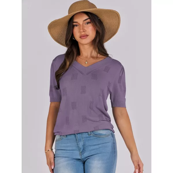 imageANRABESS Womens Short Sleeve V Neck Summer Tops Lightweight Knit Thin Sweaters 2024 Fashion Casual Blouse ShirtsGrey Purple