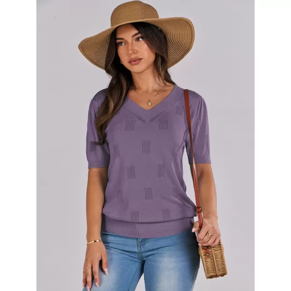 imageANRABESS Womens Short Sleeve V Neck Summer Tops Lightweight Knit Thin Sweaters 2024 Fashion Casual Blouse ShirtsGrey Purple