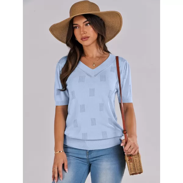 imageANRABESS Womens Short Sleeve V Neck Summer Tops Lightweight Knit Thin Sweaters 2024 Fashion Casual Blouse ShirtsLight Blue