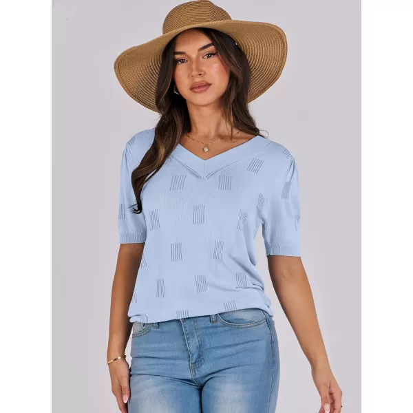 imageANRABESS Womens Short Sleeve V Neck Summer Tops Lightweight Knit Thin Sweaters 2024 Fashion Casual Blouse ShirtsLight Blue