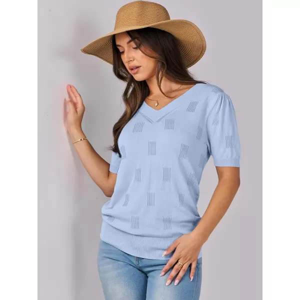 imageANRABESS Womens Short Sleeve V Neck Summer Tops Lightweight Knit Thin Sweaters 2024 Fashion Casual Blouse ShirtsLight Blue