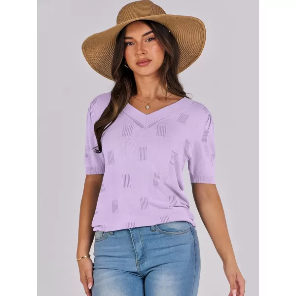 imageANRABESS Womens Short Sleeve V Neck Summer Tops Lightweight Knit Thin Sweaters 2024 Fashion Casual Blouse ShirtsLight Purple