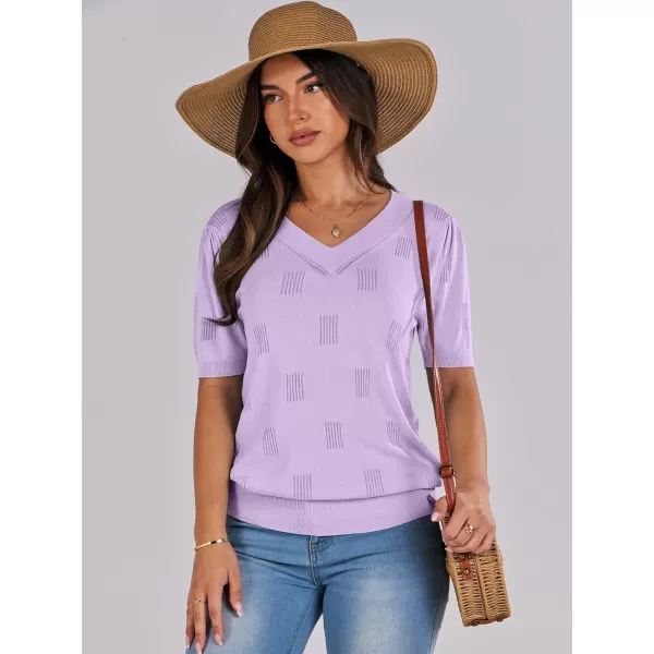 imageANRABESS Womens Short Sleeve V Neck Summer Tops Lightweight Knit Thin Sweaters 2024 Fashion Casual Blouse ShirtsLight Purple