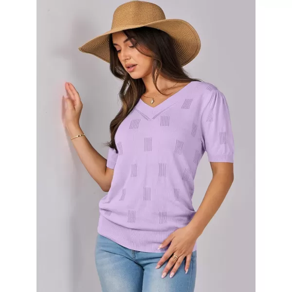 imageANRABESS Womens Short Sleeve V Neck Summer Tops Lightweight Knit Thin Sweaters 2024 Fashion Casual Blouse ShirtsLight Purple