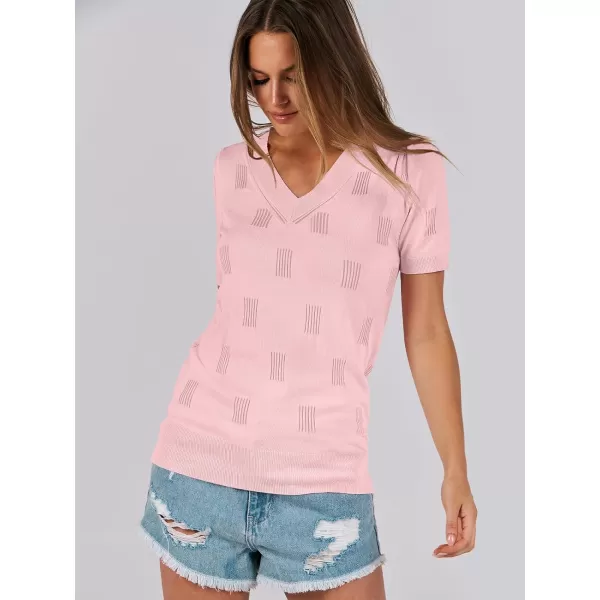 imageANRABESS Womens Short Sleeve V Neck Summer Tops Lightweight Knit Thin Sweaters 2024 Fashion Casual Blouse ShirtsPink