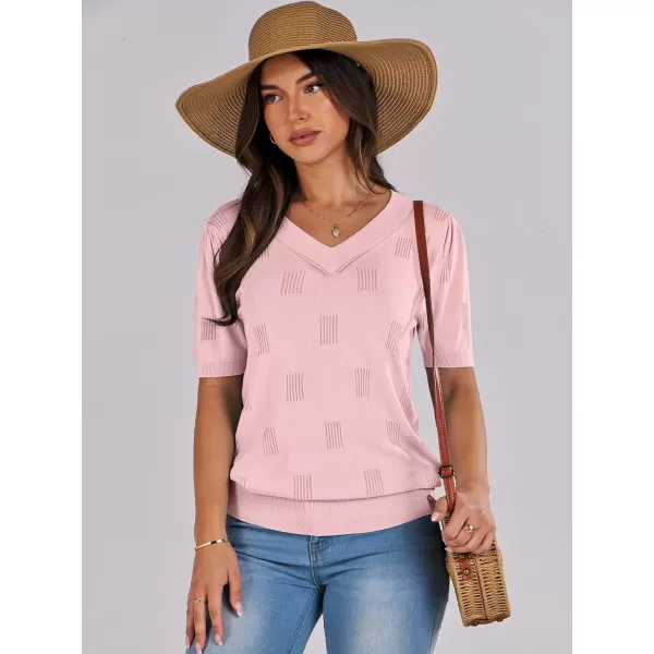 imageANRABESS Womens Short Sleeve V Neck Summer Tops Lightweight Knit Thin Sweaters 2024 Fashion Casual Blouse ShirtsPink