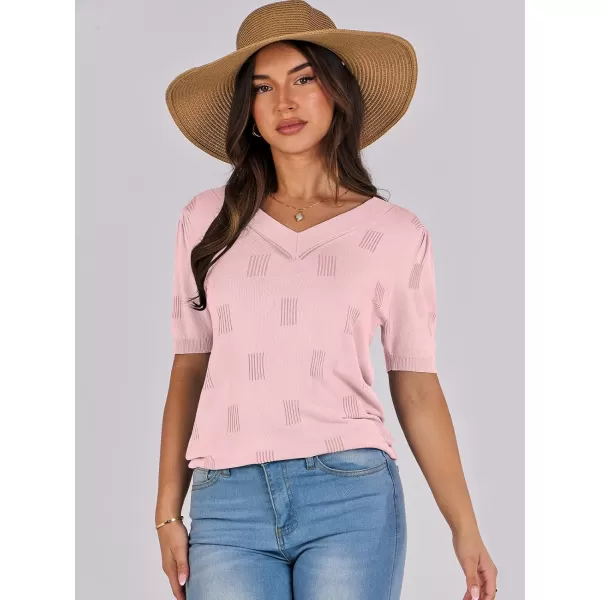 imageANRABESS Womens Short Sleeve V Neck Summer Tops Lightweight Knit Thin Sweaters 2024 Fashion Casual Blouse ShirtsPink