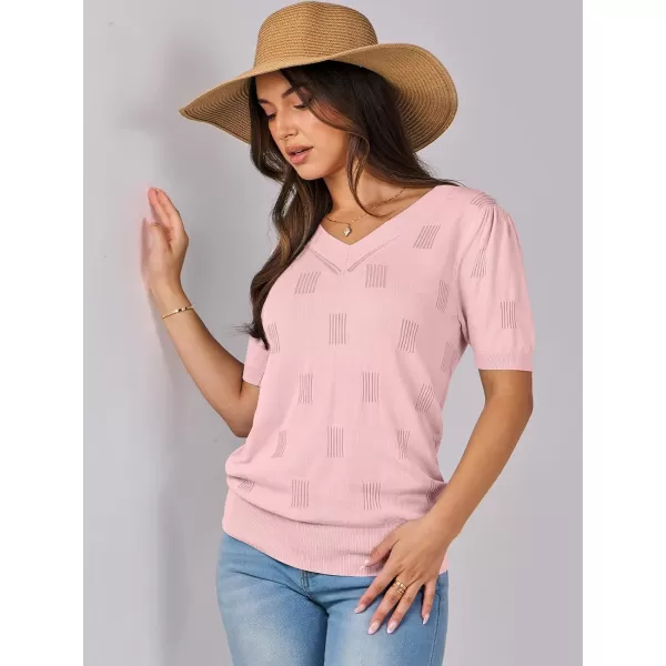 imageANRABESS Womens Short Sleeve V Neck Summer Tops Lightweight Knit Thin Sweaters 2024 Fashion Casual Blouse ShirtsPink
