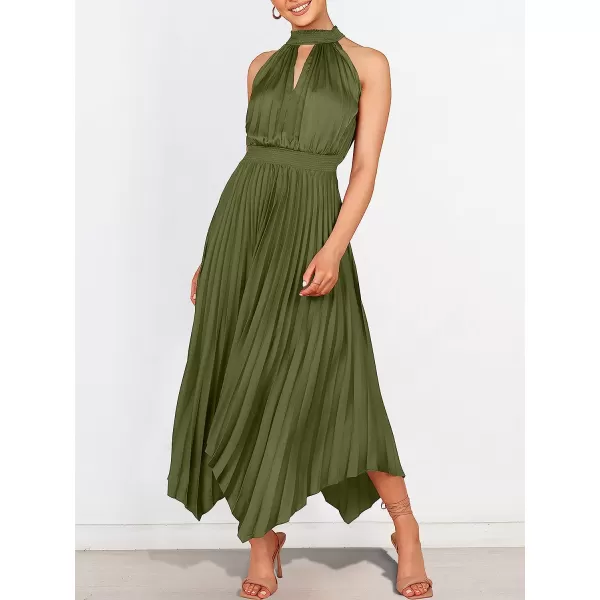 imageANRABESS Womens Sleeveless Cutout Halter Neck Satin Formal Dress Smocked Pleated Asymmetric Party Cocktail Maxi DressArmy Green