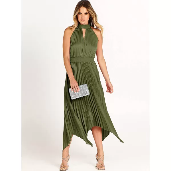 imageANRABESS Womens Sleeveless Cutout Halter Neck Satin Formal Dress Smocked Pleated Asymmetric Party Cocktail Maxi DressArmy Green