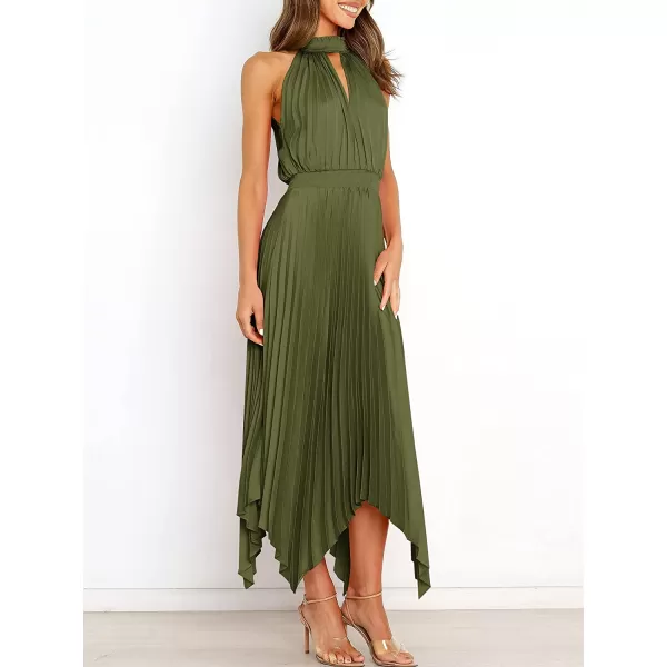 imageANRABESS Womens Sleeveless Cutout Halter Neck Satin Formal Dress Smocked Pleated Asymmetric Party Cocktail Maxi DressArmy Green