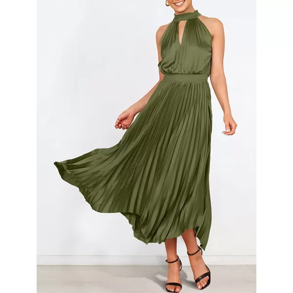 imageANRABESS Womens Sleeveless Cutout Halter Neck Satin Formal Dress Smocked Pleated Asymmetric Party Cocktail Maxi DressArmy Green