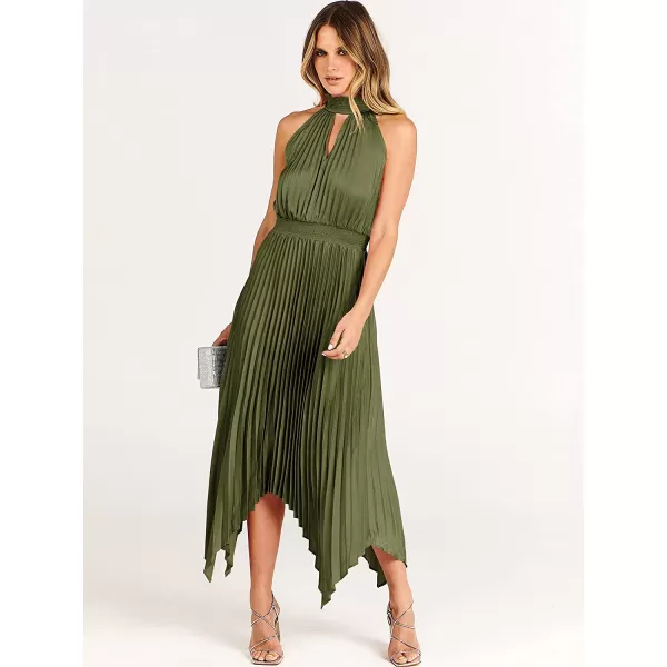 imageANRABESS Womens Sleeveless Cutout Halter Neck Satin Formal Dress Smocked Pleated Asymmetric Party Cocktail Maxi DressArmy Green
