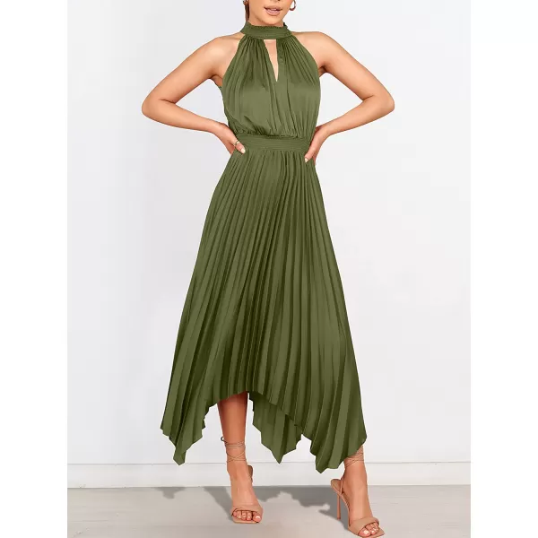 imageANRABESS Womens Sleeveless Cutout Halter Neck Satin Formal Dress Smocked Pleated Asymmetric Party Cocktail Maxi DressArmy Green