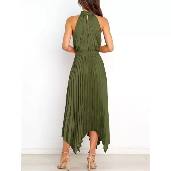 imageANRABESS Womens Sleeveless Cutout Halter Neck Satin Formal Dress Smocked Pleated Asymmetric Party Cocktail Maxi DressArmy Green