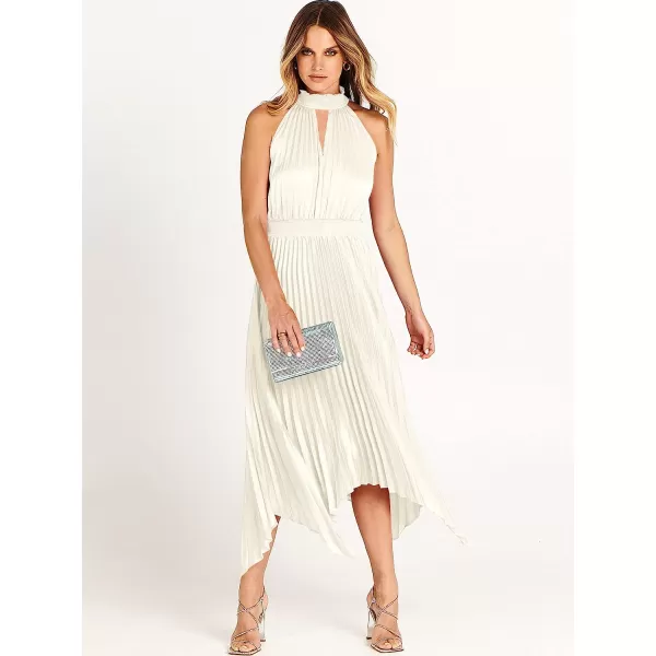 imageANRABESS Womens Sleeveless Cutout Halter Neck Satin Formal Dress Smocked Pleated Asymmetric Party Cocktail Maxi DressBeige