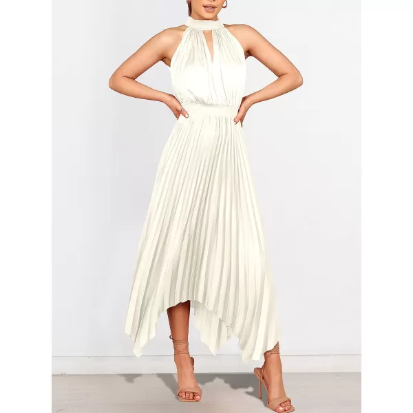 imageANRABESS Womens Sleeveless Cutout Halter Neck Satin Formal Dress Smocked Pleated Asymmetric Party Cocktail Maxi DressBeige