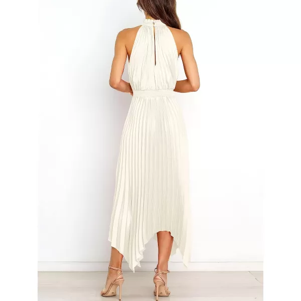 imageANRABESS Womens Sleeveless Cutout Halter Neck Satin Formal Dress Smocked Pleated Asymmetric Party Cocktail Maxi DressBeige