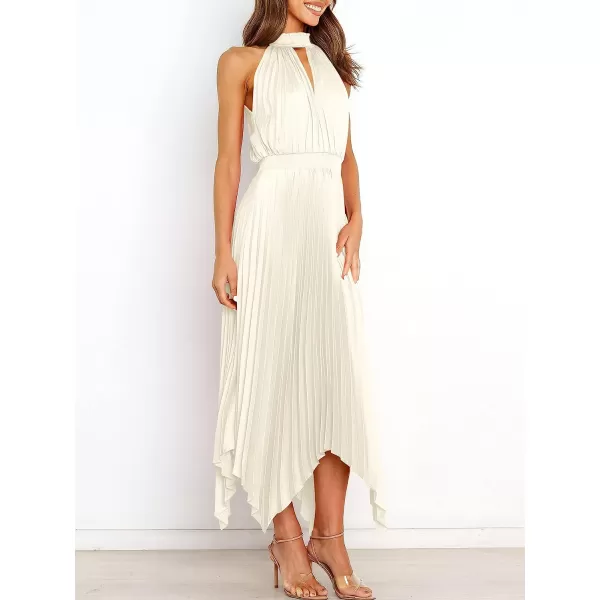 imageANRABESS Womens Sleeveless Cutout Halter Neck Satin Formal Dress Smocked Pleated Asymmetric Party Cocktail Maxi DressBeige
