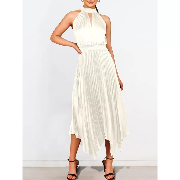 imageANRABESS Womens Sleeveless Cutout Halter Neck Satin Formal Dress Smocked Pleated Asymmetric Party Cocktail Maxi DressBeige