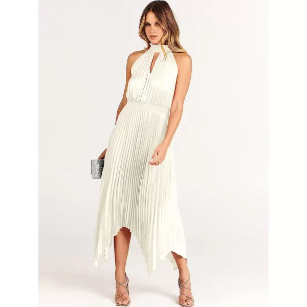 imageANRABESS Womens Sleeveless Cutout Halter Neck Satin Formal Dress Smocked Pleated Asymmetric Party Cocktail Maxi DressBeige