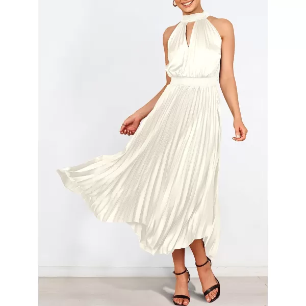 imageANRABESS Womens Sleeveless Cutout Halter Neck Satin Formal Dress Smocked Pleated Asymmetric Party Cocktail Maxi DressBeige