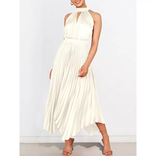 imageANRABESS Womens Sleeveless Cutout Halter Neck Satin Formal Dress Smocked Pleated Asymmetric Party Cocktail Maxi DressBeige