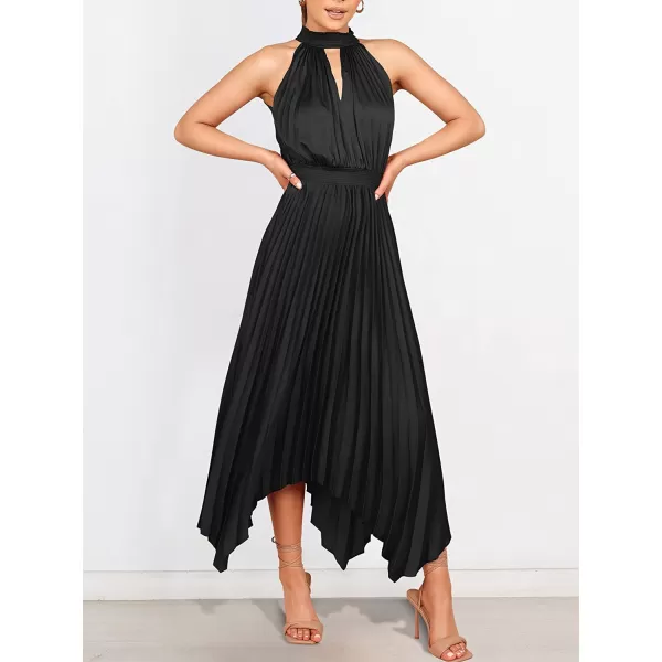 imageANRABESS Womens Sleeveless Cutout Halter Neck Satin Formal Dress Smocked Pleated Asymmetric Party Cocktail Maxi DressBlack