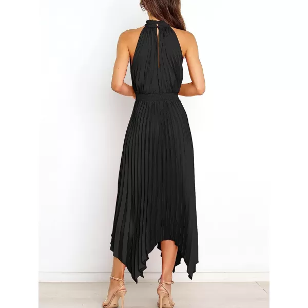 imageANRABESS Womens Sleeveless Cutout Halter Neck Satin Formal Dress Smocked Pleated Asymmetric Party Cocktail Maxi DressBlack
