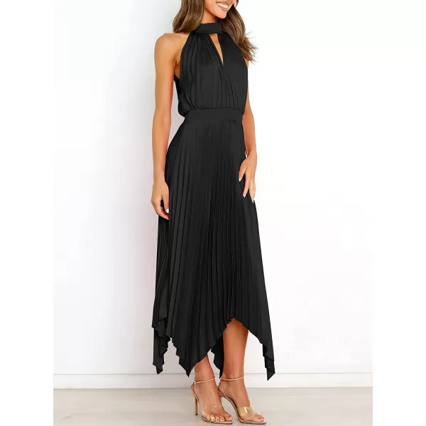 imageANRABESS Womens Sleeveless Cutout Halter Neck Satin Formal Dress Smocked Pleated Asymmetric Party Cocktail Maxi DressBlack