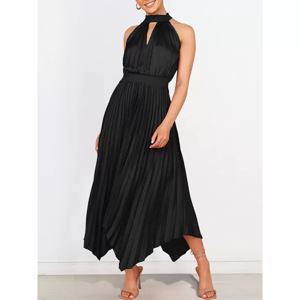 imageANRABESS Womens Sleeveless Cutout Halter Neck Satin Formal Dress Smocked Pleated Asymmetric Party Cocktail Maxi DressBlack